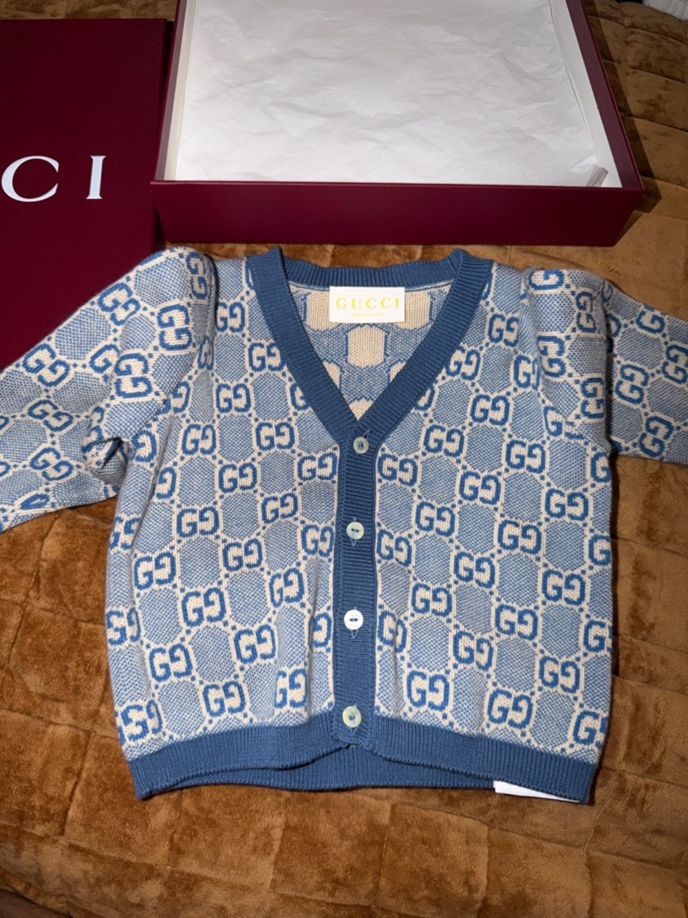 Gucci Blue and Cream GG Logo Cardigan Sweater
